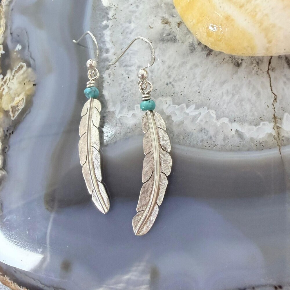 Anthony Gatewood Sterling & Turquoise Bead Feather Dangle Earrings For Women - Picture 4 of 10